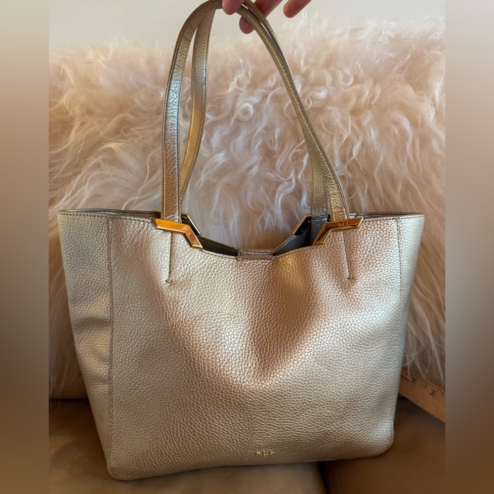 Ralph Lauren pebbled gold vegan leather tote bag purse with gold accents